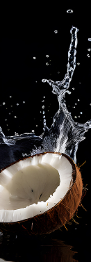 Coco partido ao meio com água de coco espirrando