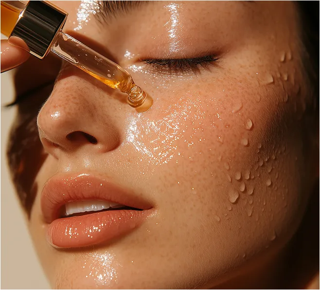 Close-up de mulher com pele radiante e saudável aplicando sérum facial com conta-gotas, destacando hidratação e brilho natural
